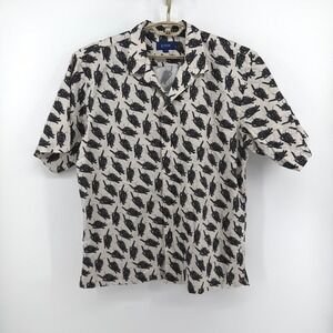 Eton Mens Large Black Cat Print Short Sleeve Cotton Camp Collar Shirt White‎